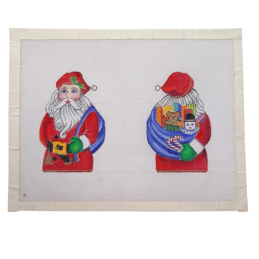 Vintage Santa Claus Needlepoint Canvas Two Sided Christmas Ornament Pillow